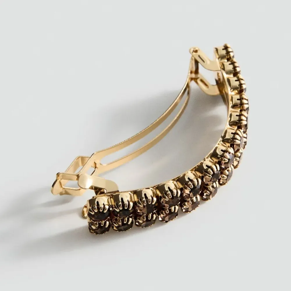 MANGO NEIVA Bright Chocolate Crystals Gold Tone Barrette Hair Clip